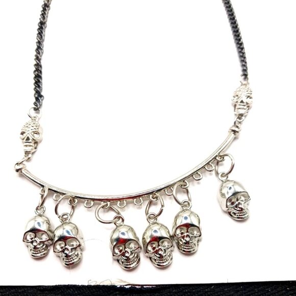 Six Skull Goth Semi Circular Bib Silver + Black Tone Necklace-19 inches - Picture 5 of 7